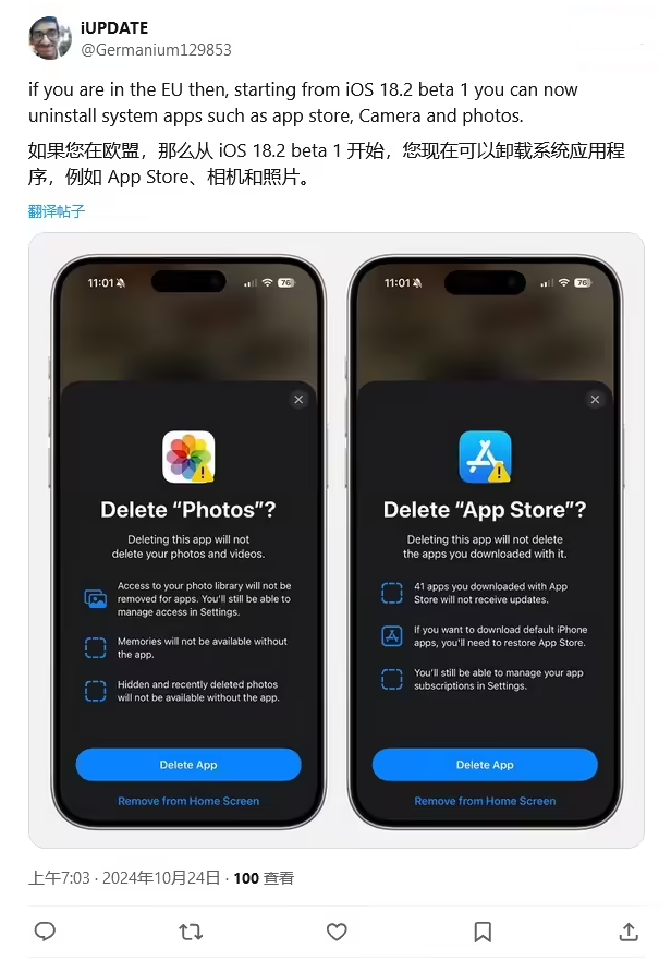 安源苹果手机维修分享iOS 18.2 支持删除 App Store 应用商店 