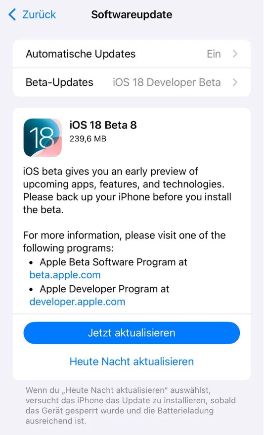 安源苹果手机维修分享苹果 iOS / iPadOS 18 开发者预览版 Beta 8 发布 